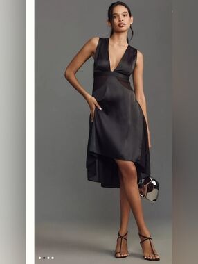 Anthropologie Sheer Harness Dress • Black Satin Mesh Detail • Size XL •